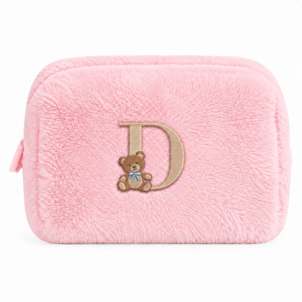 Furry Pouch không nơ hồng nhạt thêu gấu Teddy chữ D – Dear eM