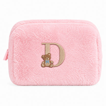 Furry Pouch không nơ hồng nhạt thêu gấu Teddy chữ D – Dear eM