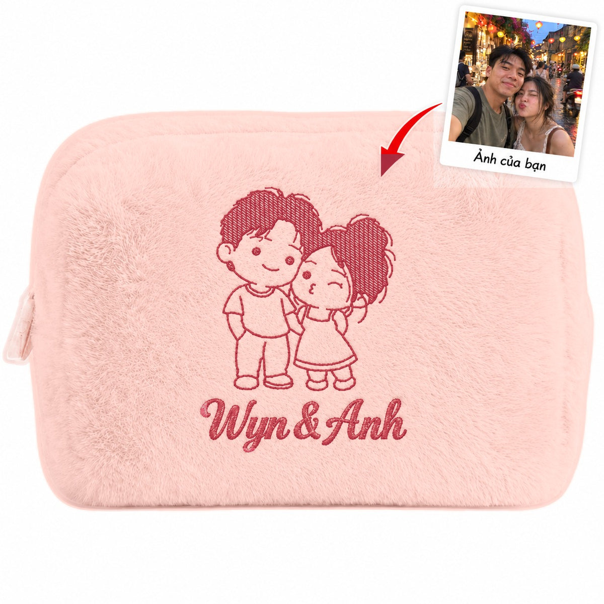 Furry Pouch không nơ hồng đậm thêu ảnh chân dung vẽ tay và tên – Dear eM