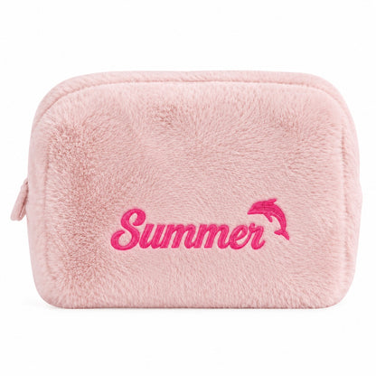 Furry Pouch không nơ hồng đậm thêu tên Summer + cá heo – Dear eM