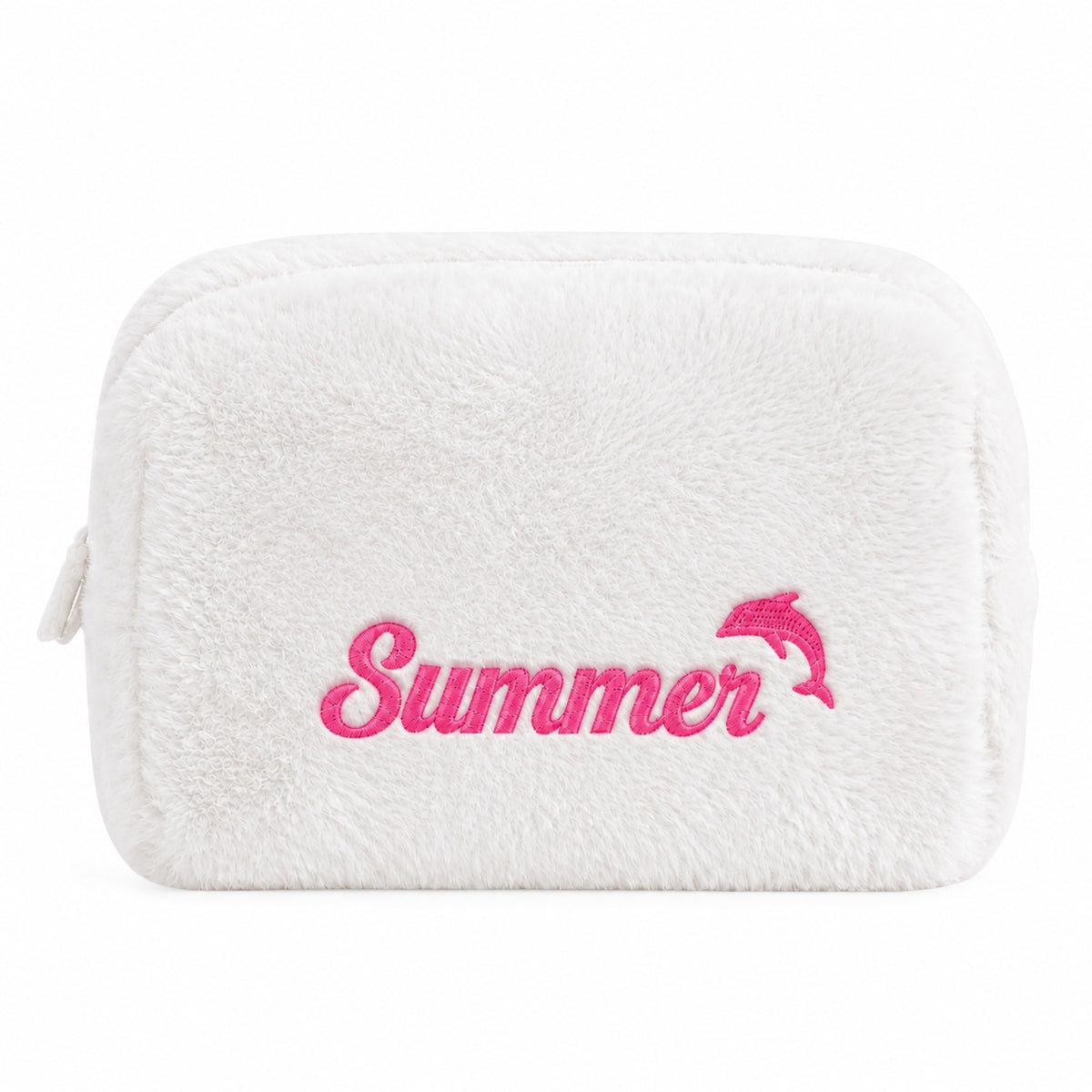 Furry Pouch không nơ trắng gạo thêu tên Summer + cá heo – Dear eM