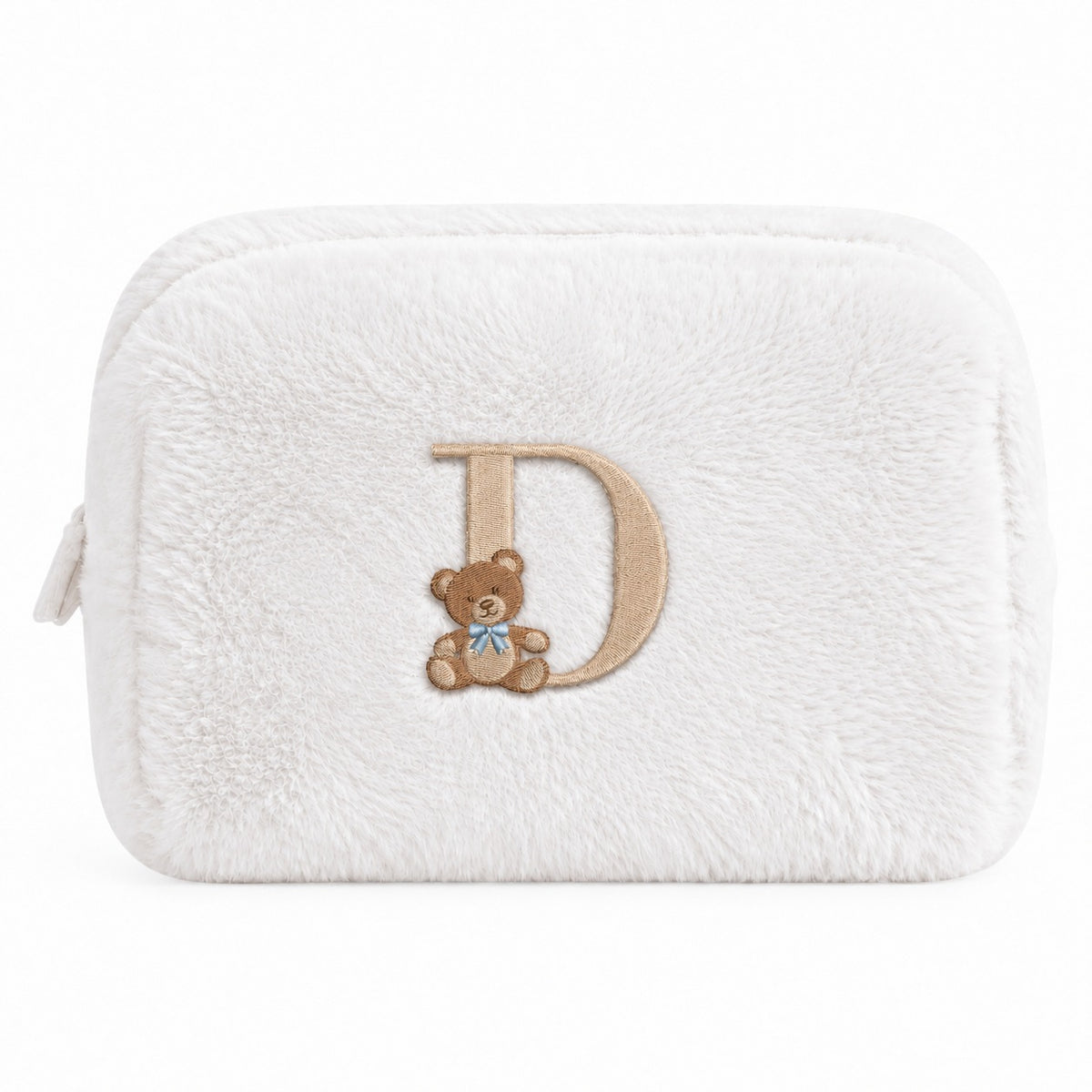 Furry Pouch không nơ trắng gạo thêu gấu Teddy chữ D – Dear eM