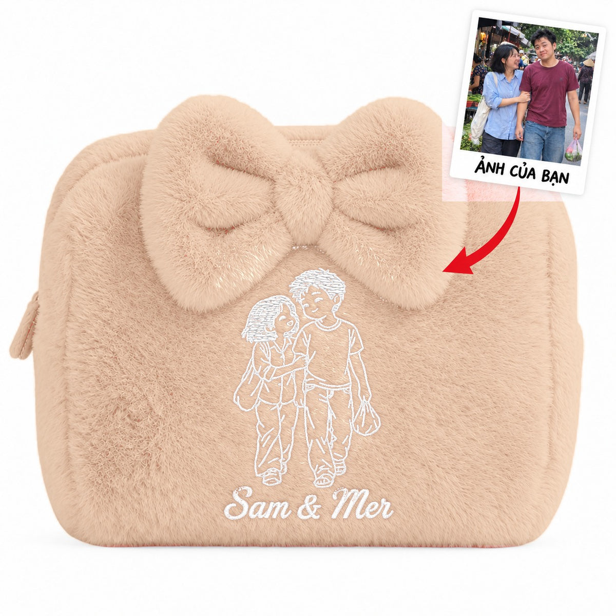 Furry Pouch có nơ nâu nhạt be thêu ảnh chân dung vẽ tay và tên – Dear eM