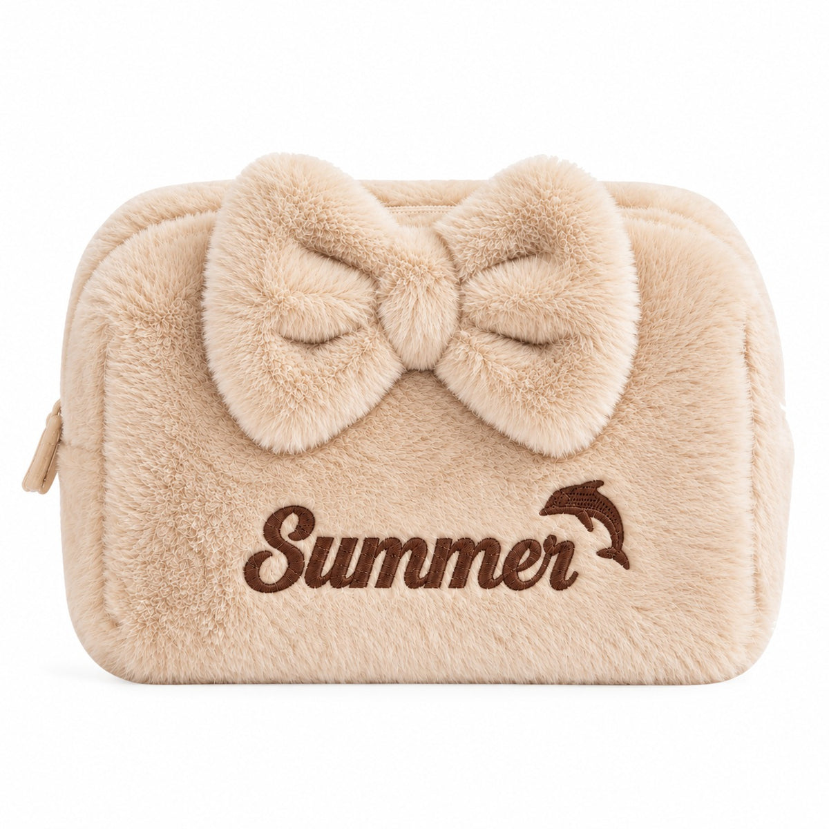 Furry Pouch có nơ nâu nhạt be thêu tên Summer + cá heo – Dear eM