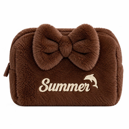 Furry Pouch có nơ nâu đậm thêu tên Summer + cá heo – Dear eM