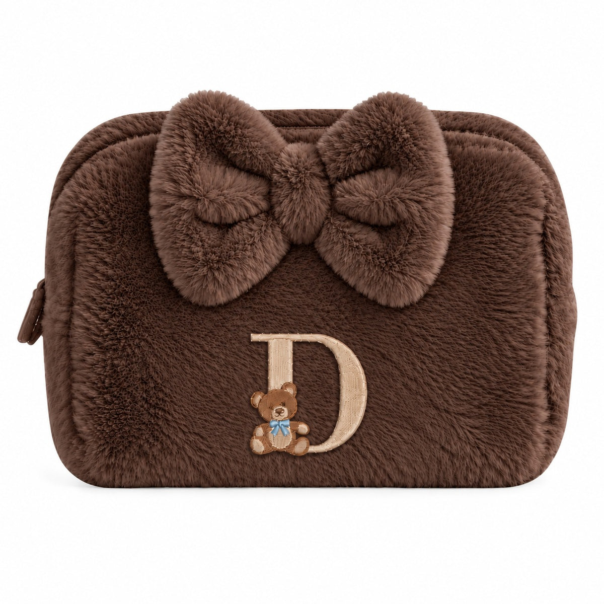 Furry Pouch có nơ nâu đậm thêu gấu Teddy chữ D – Dear eM