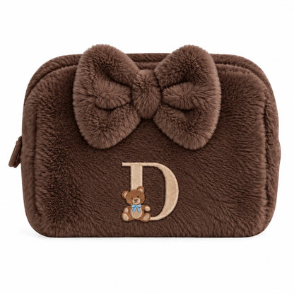 Furry Pouch có nơ nâu đậm thêu gấu Teddy chữ D – Dear eM