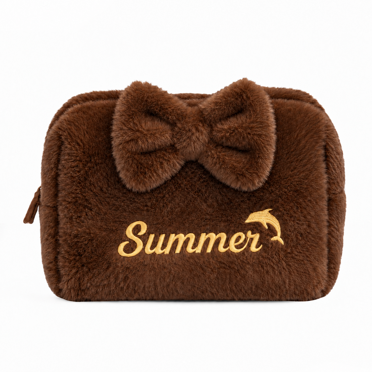 Furry Pouch có nơ nâu đậm thêu tên - Dear eM