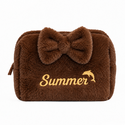 Furry Pouch có nơ nâu đậm thêu tên - Dear eM