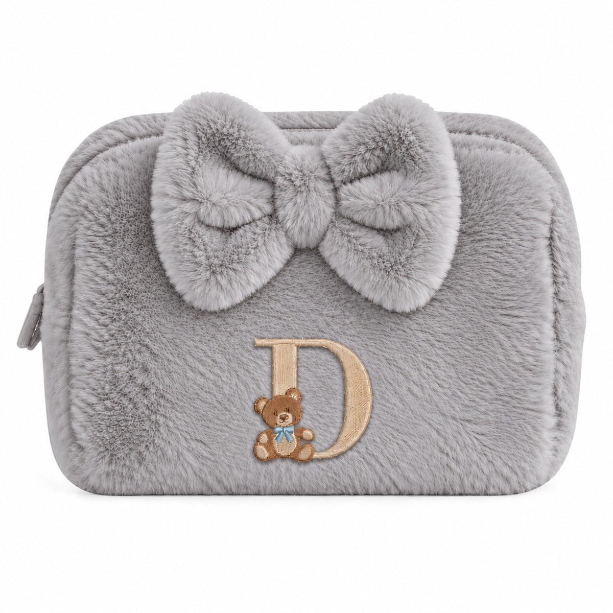 Furry Pouch có nơ xám lông chuột thêu gấu Teddy chữ D – Dear eM