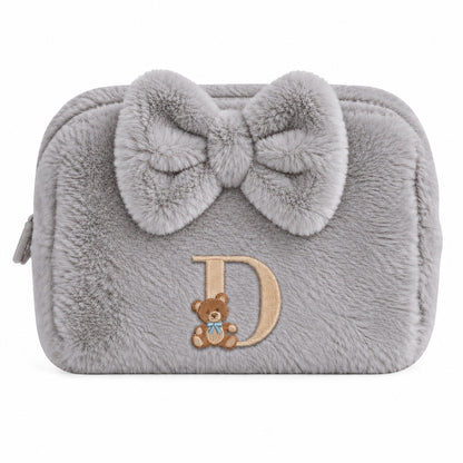 Furry Pouch có nơ xám lông chuột thêu gấu Teddy chữ D – Dear eM