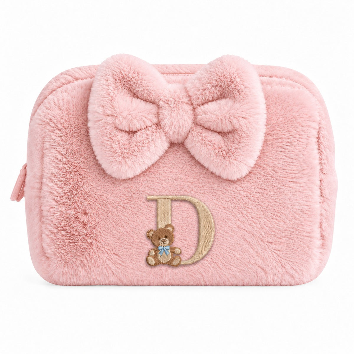 Furry Pouch có nơ hồng đậm thêu gấu Teddy chữ D – Dear eM