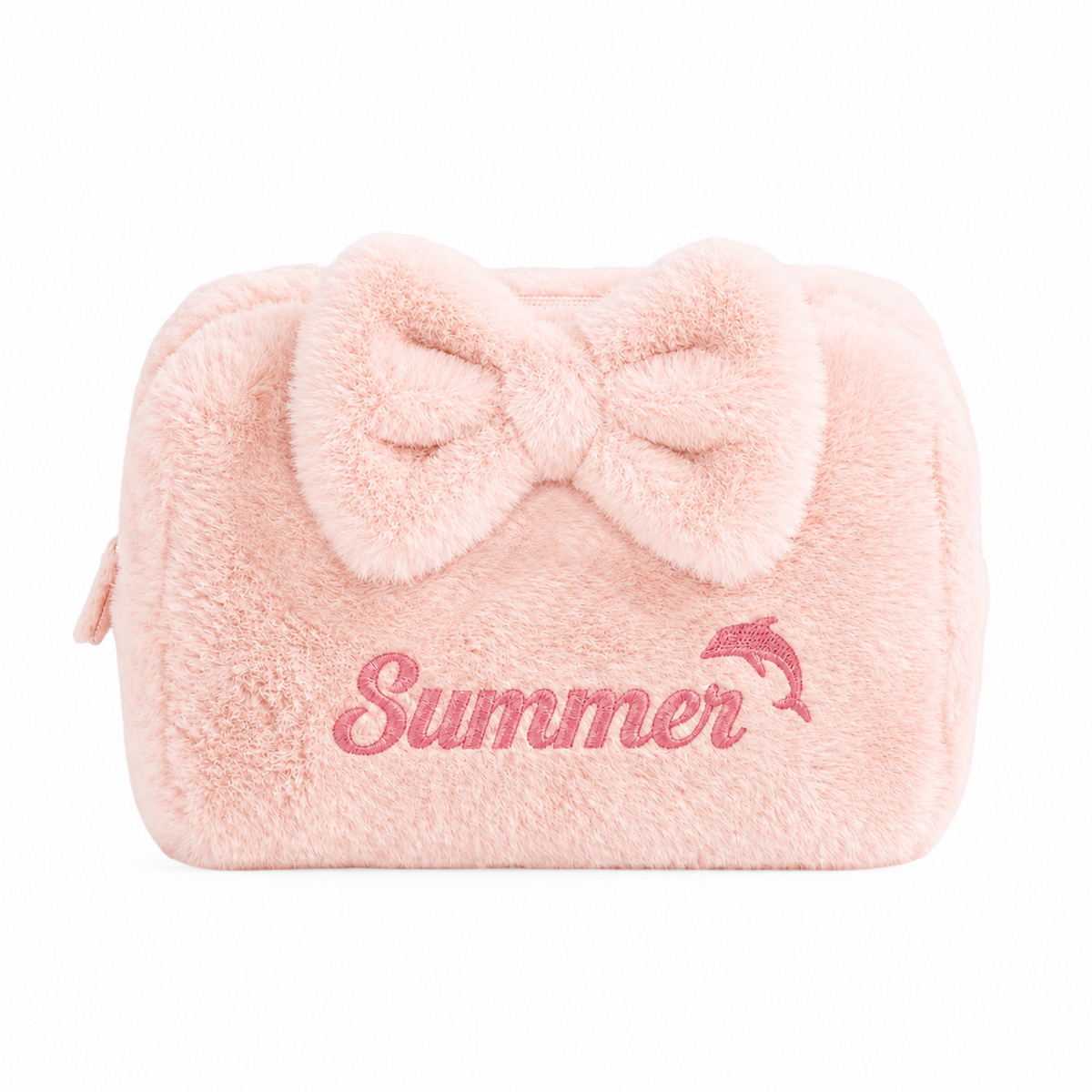 Furry Pouch có nơ hồng đậm thêu tên - Dear eM