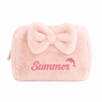 Furry Pouch có nơ hồng đậm thêu tên - Dear eM