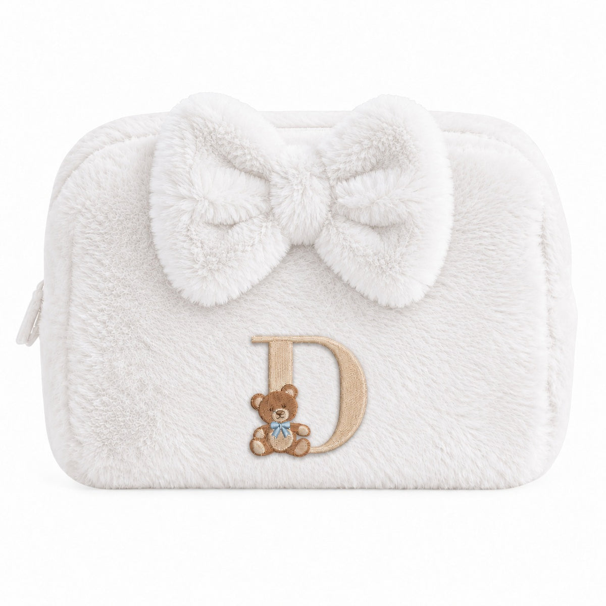 Furry Pouch có nơ trắng gạo thêu gấu Teddy chữ D – Dear eM