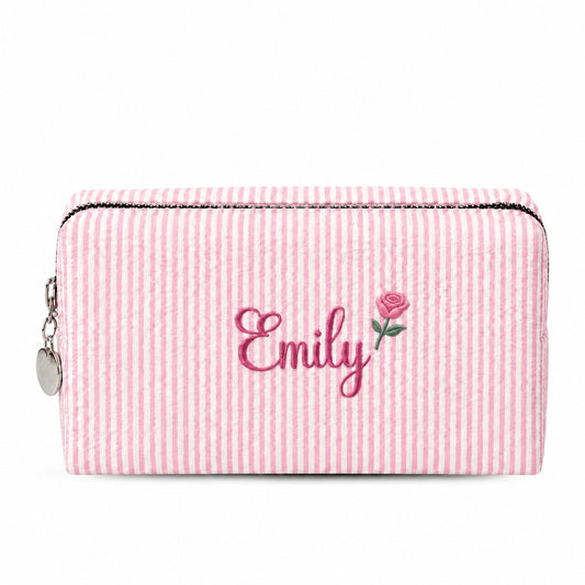 Túi Candy Stripe Small hồng thêu tên Emily và bông hồng