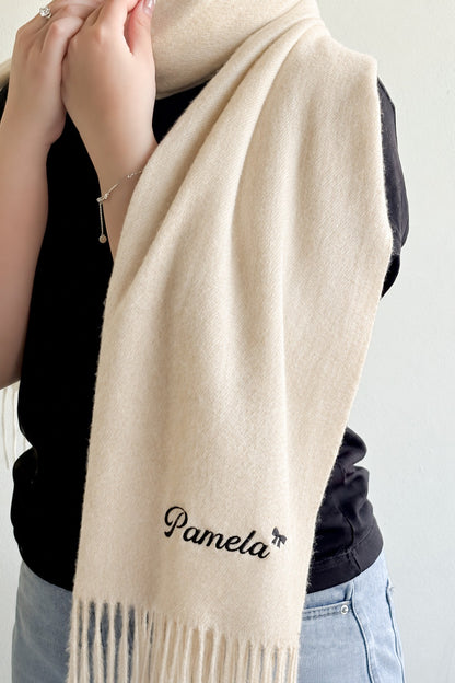 Khăn choàng beige thêu tên Pamela + icon nơ, chỉ đen – Fringe Scarf - Dear eM