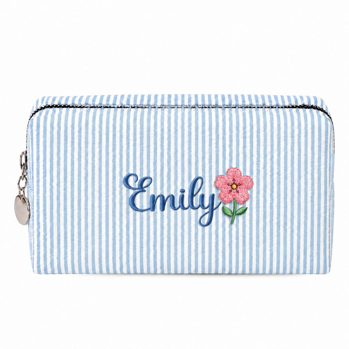Candy Stripe Pouch with Birth Flower and Name Embroidery – Personalized Birthday Gift for Her