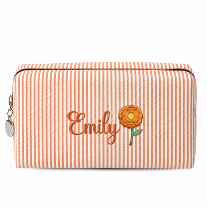 Candy Stripe Pouch with Birth Flower and Name Embroidery – Personalized Birthday Gift for Her