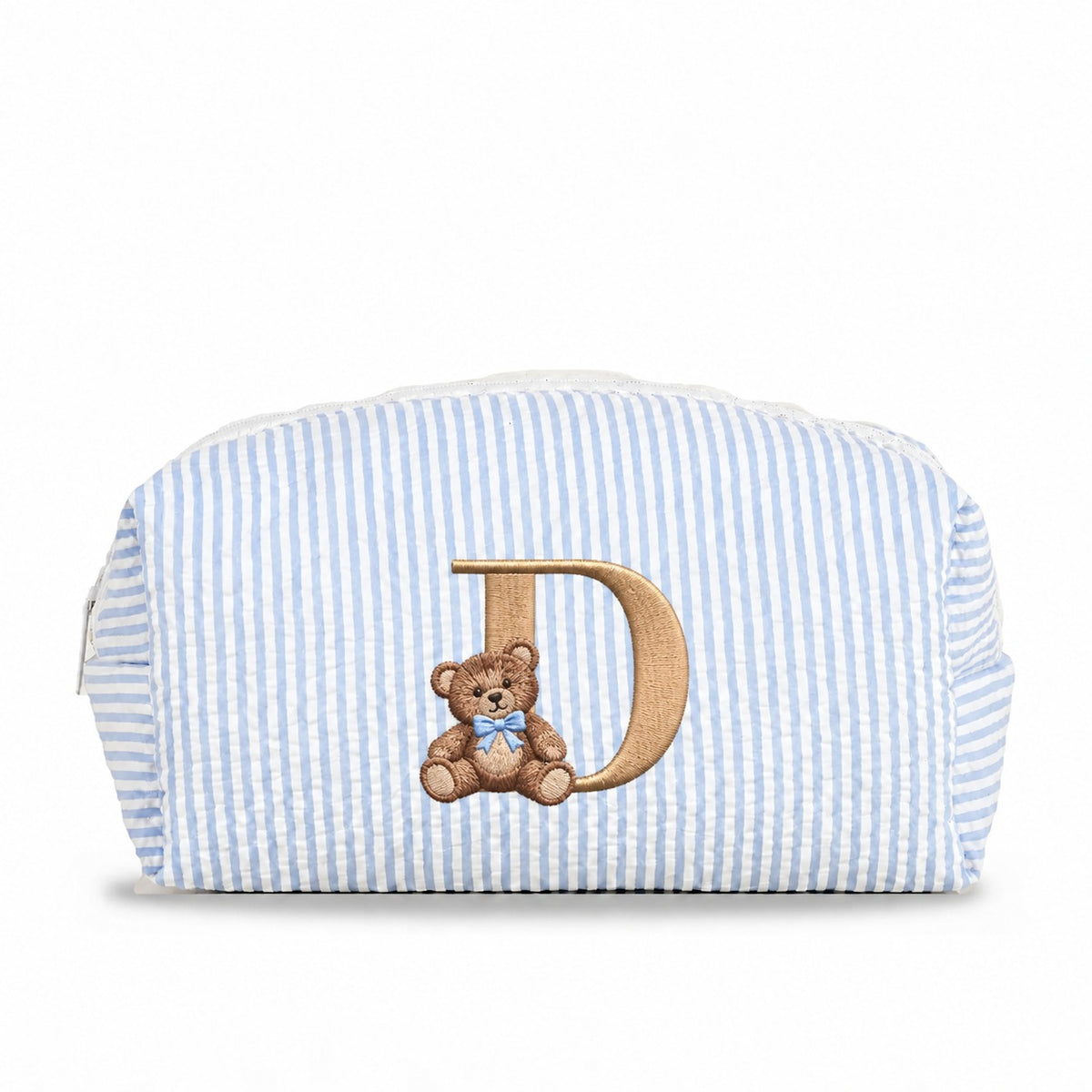 Túi Candy Stripe chần bông xanh dương thêu chữ D và gấu Teddy