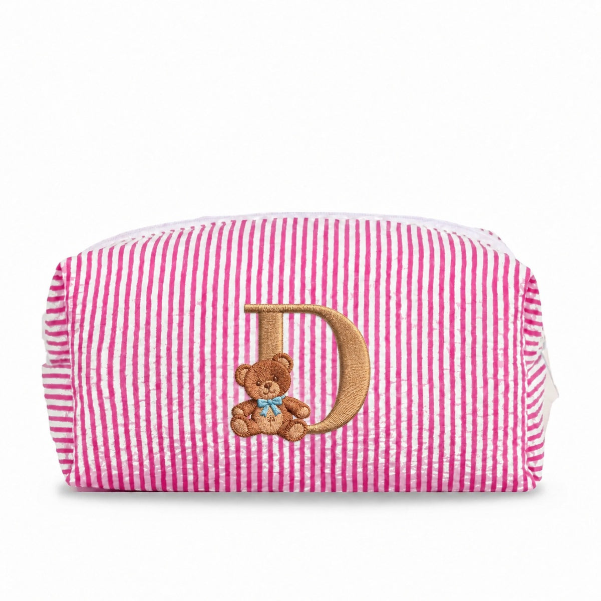Túi Candy Stripe chần bông hồng đậm thêu chữ D và gấu Teddy