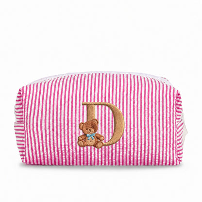 Túi Candy Stripe chần bông hồng đậm thêu chữ D và gấu Teddy