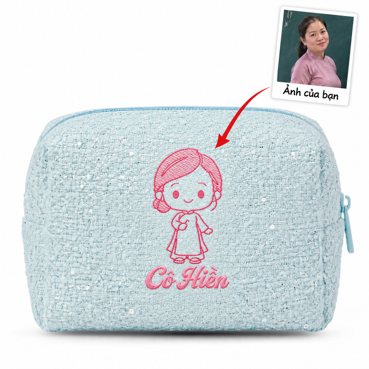 Túi Tweed Pouch không nơ xanh dương thêu ảnh cô giáo kèm tên – quà 20/11 Dear eM