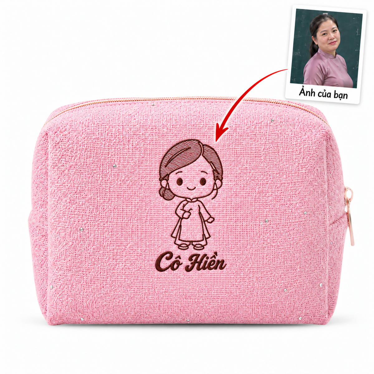 Túi Tweed Pouch không nơ hồng đậm thêu ảnh cô giáo kèm tên – quà 20/11 Dear eM