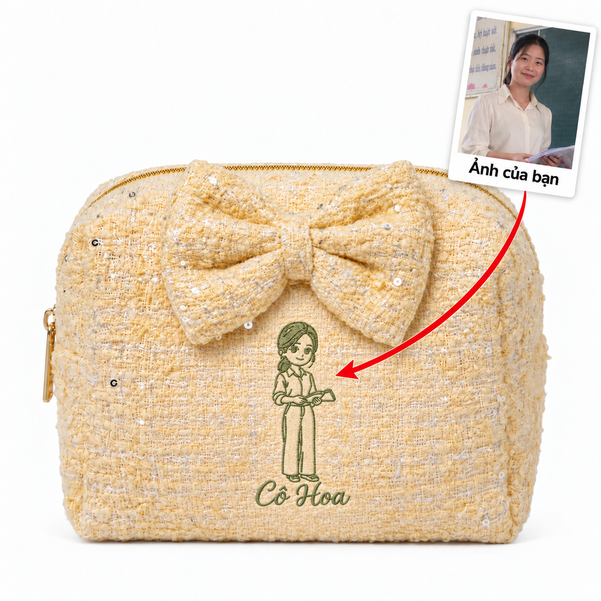 Túi Tweed Pouch có nơ vàng thêu ảnh cô giáo kèm tên – quà 20/11 Dear eM