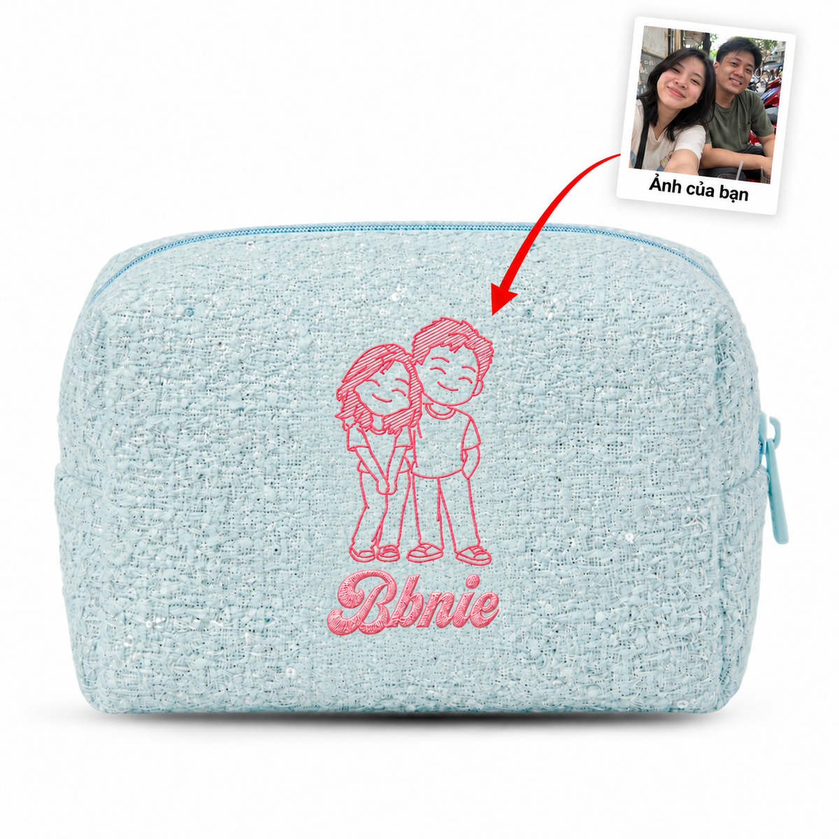 Tweed Pouch không nơ xanh dương thêu ảnh chân dung vẽ tay và tên – Dear eM