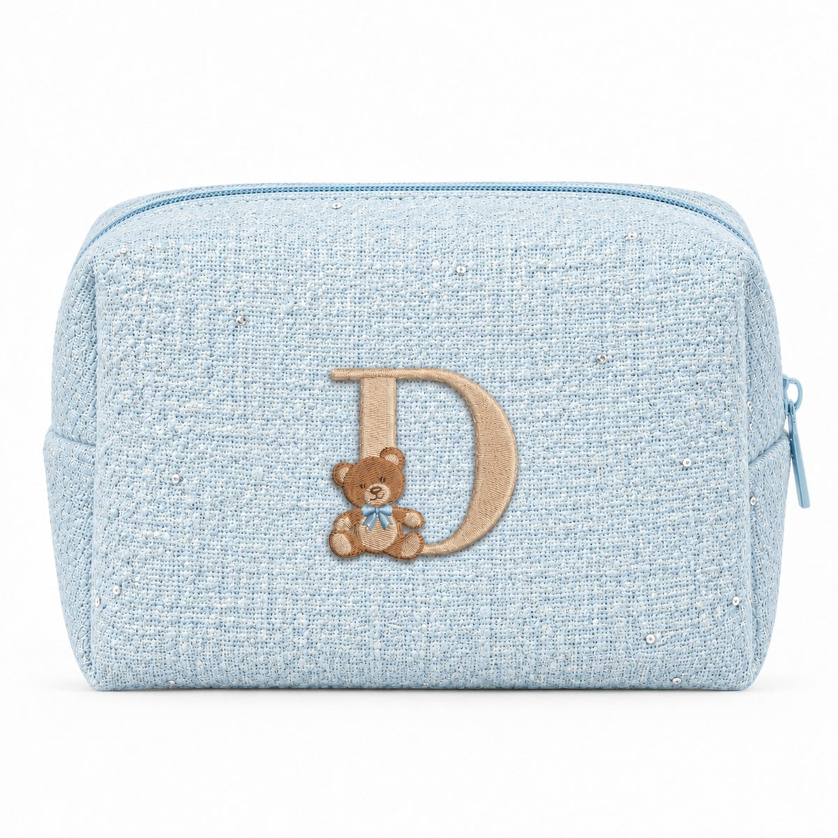Tweed Pouch không nơ xanh dương thêu gấu Teddy chữ D – Dear eM