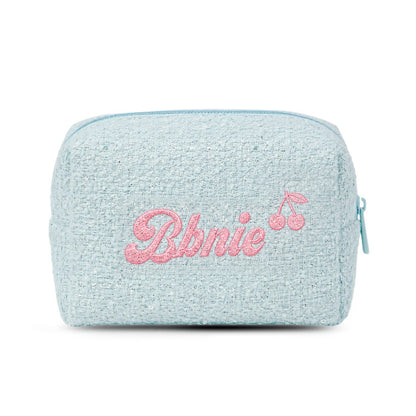 Tweed Pouch không nơ xanh dương thêu tên Bbnie + cherry - Dear eM