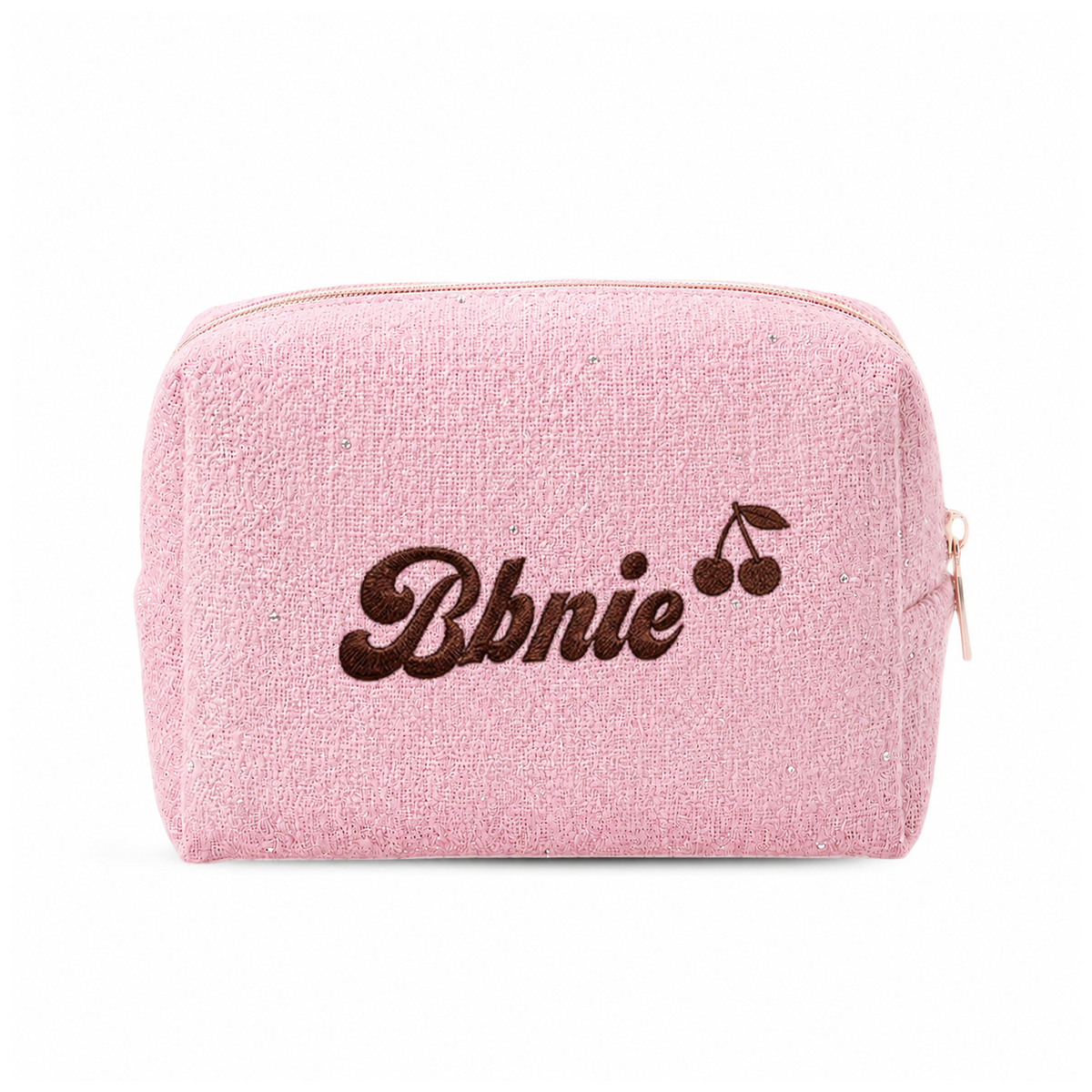Tweed Pouch không nơ hồng đậm thêu tên - Dear eM