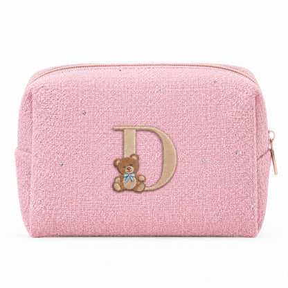 Tweed Pouch không nơ hồng đậm thêu gấu Teddy chữ D – Dear eM