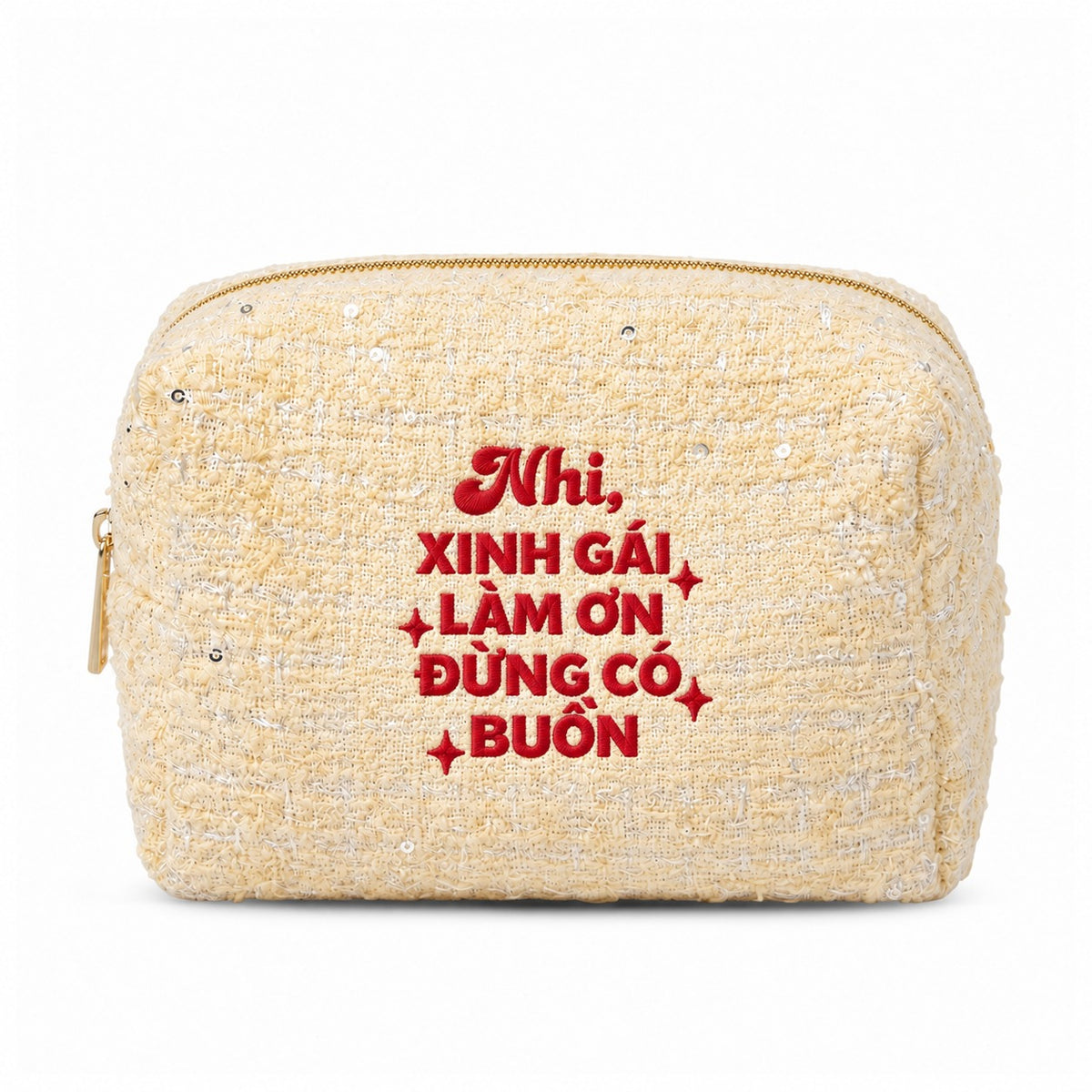 Tweed Pouch không nơ vàng thêu quote Xinh Gái Làm Ơn Đừng Có Buồn chỉ đỏ – Dear eM