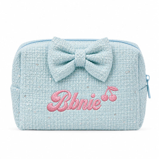Tweed Pouch có nơ xanh dương thêu tên Bbnie + cherry – Dear eM