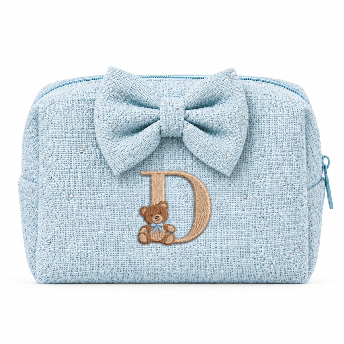 Tweed Pouch có nơ xanh dương thêu gấu Teddy chữ D – Dear eM