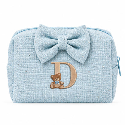 Tweed Pouch có nơ xanh dương thêu gấu Teddy chữ D – Dear eM