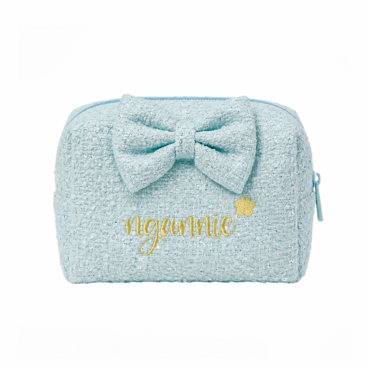 Tweed Pouch có nơ xanh dương thêu tên - Dear eM