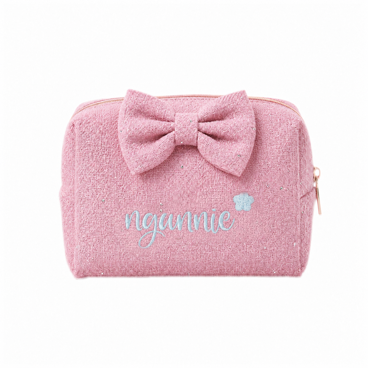 Tweed Pouch có nơ hồng đậm thêu tên - Dear eM