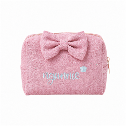 Tweed Pouch có nơ hồng đậm thêu tên - Dear eM