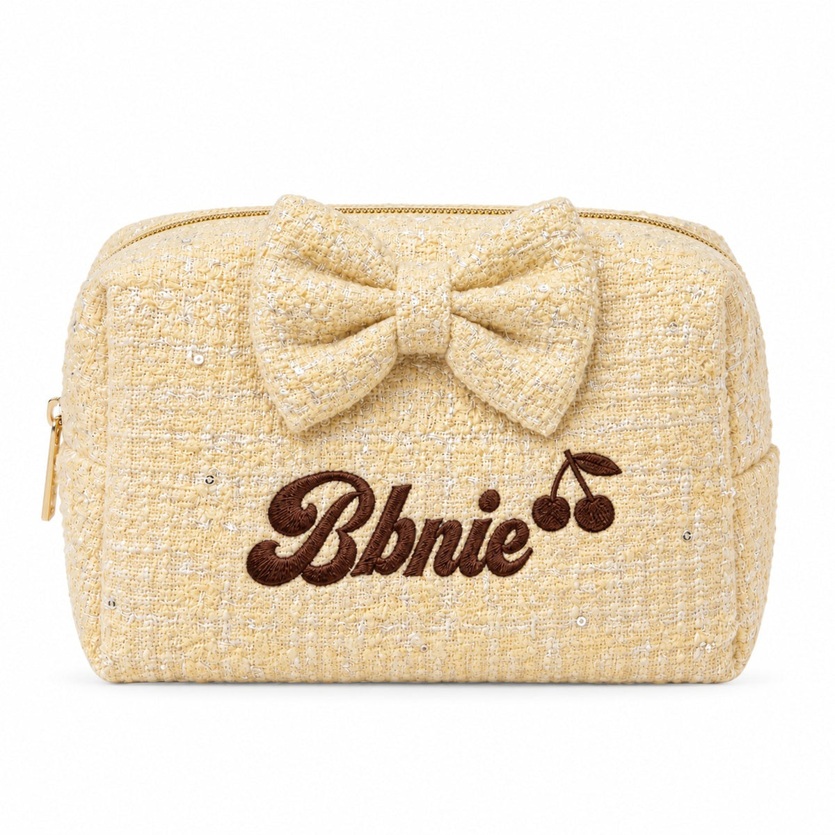 Tweed Pouch có nơ vàng thêu tên Bbnie + cherry – Dear eM
