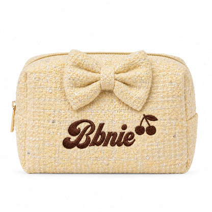 Tweed Pouch có nơ vàng thêu tên Bbnie + cherry – Dear eM