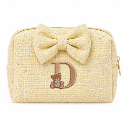 Tweed Pouch có nơ vàng thêu gấu Teddy chữ D – Dear eM
