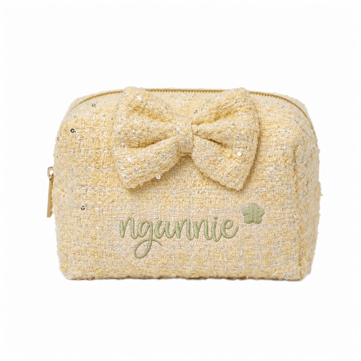 Tweed Pouch có nơ vàng thêu tên - Dear eM