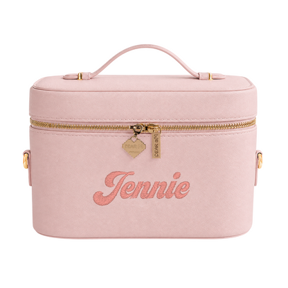 Small Vanity Case Premium hồng đậm thêu tên - Dear eM