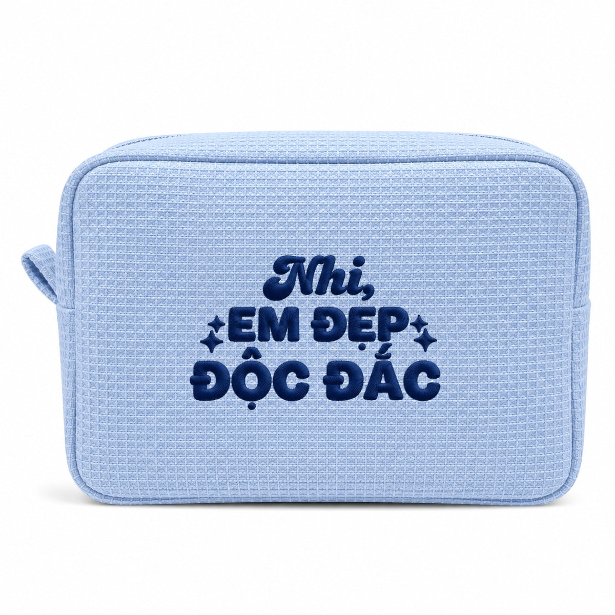 Waffle Pouch Big xanh dương thêu tên và quote Em Đẹp Độc Đắc chỉ navy – Dear eM