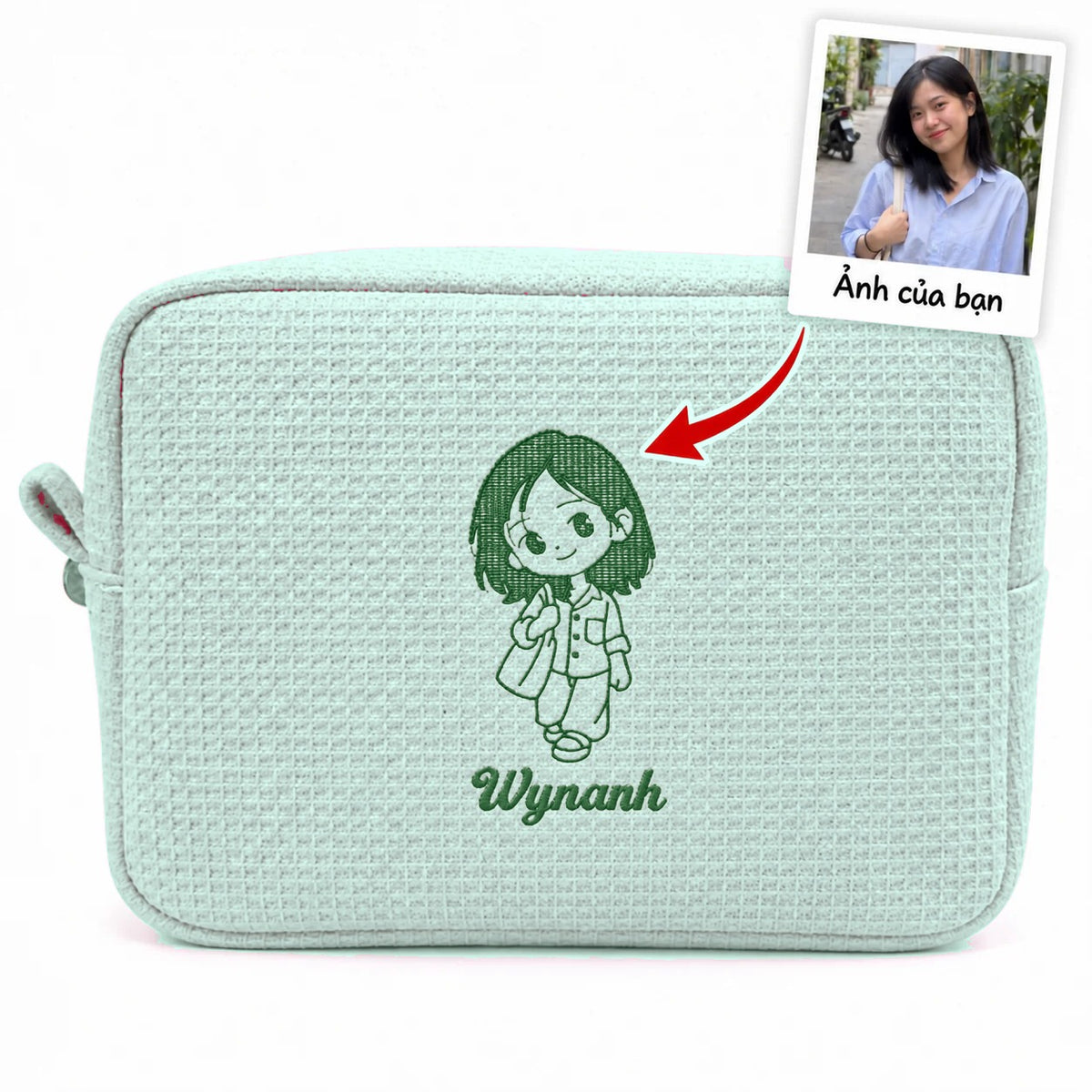 Túi Waffle Pouch Big xanh mint thêu ảnh chân dung vẽ tay và tên – Dear eM