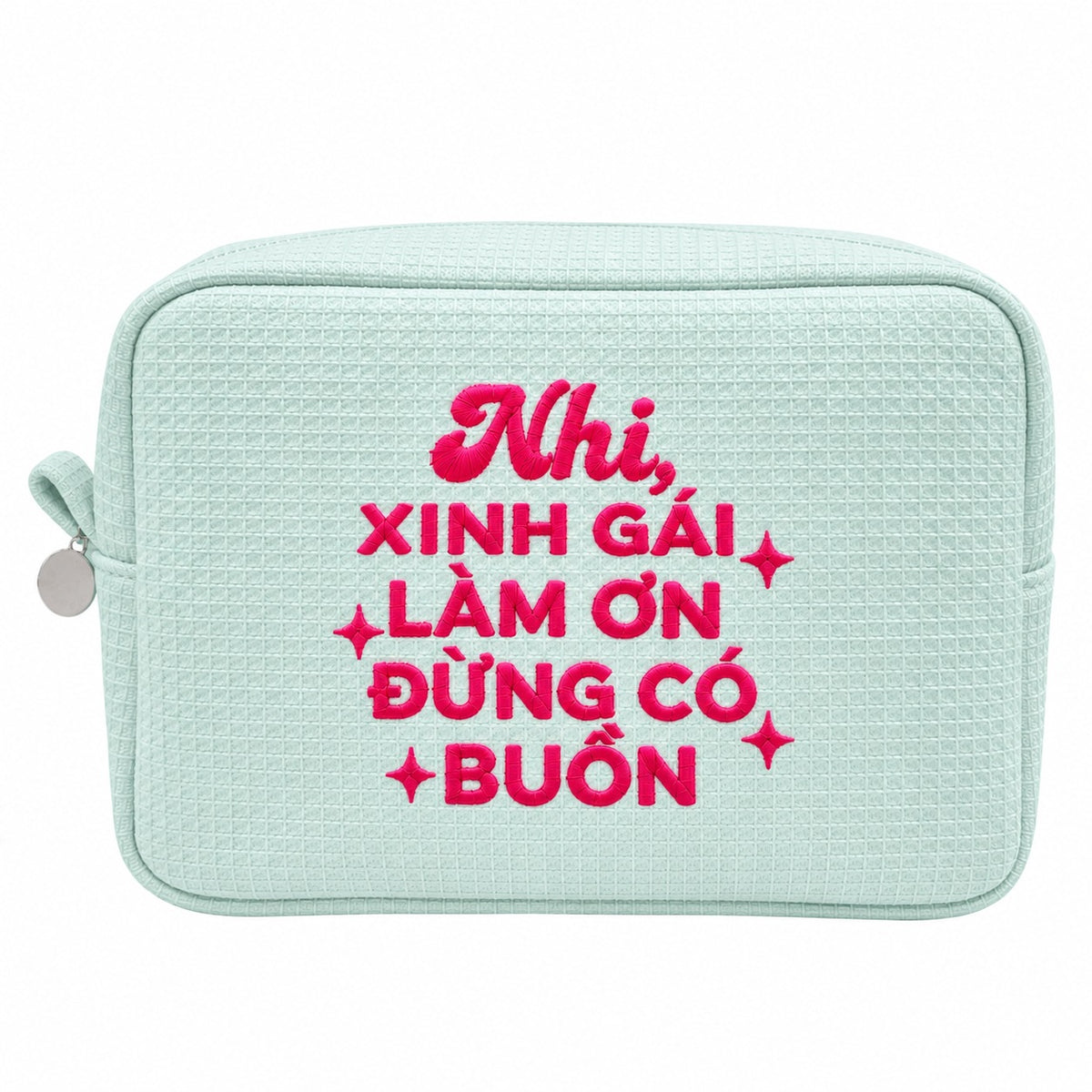 Waffle Pouch Big xanh mint thêu quote Xinh Gái Làm Ơn Đừng Có Buồn kèm tên – Dear eM