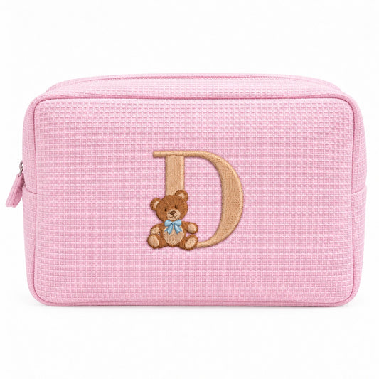 Waffle Pouch Big hồng sáng thêu gấu Teddy chữ D – Dear eM